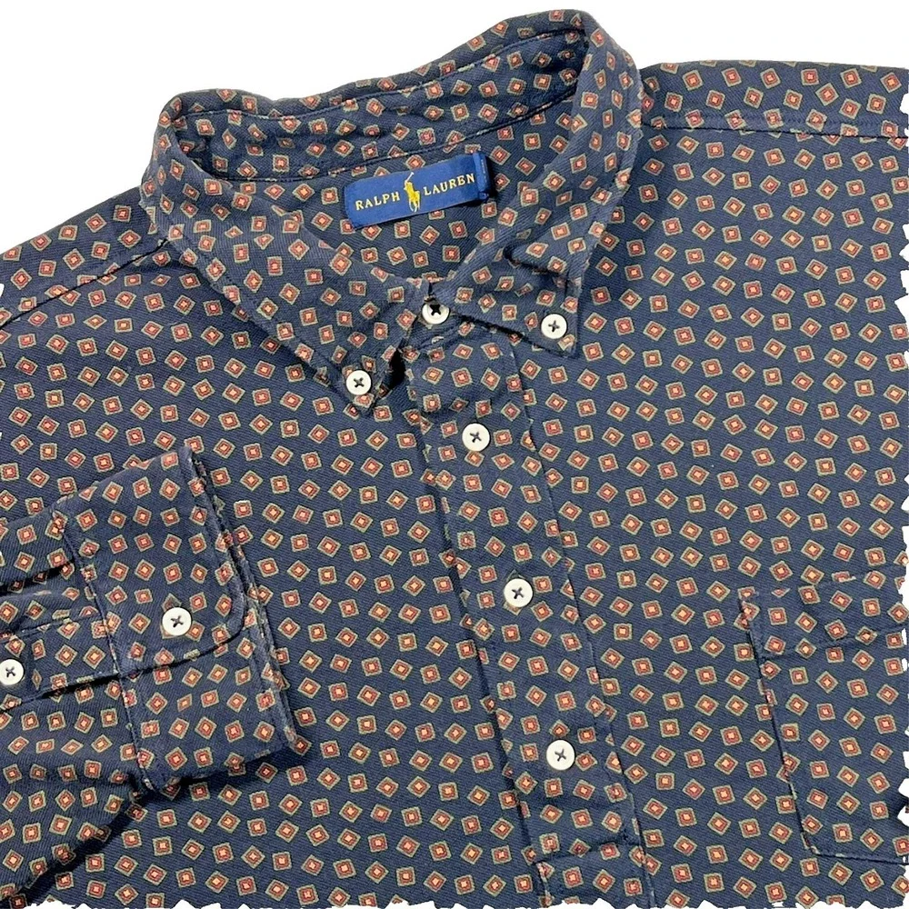 Ralph Lauren Polo Shirt Men's 2XB Navy Blue Geometric‎ Diamond Long Sleeve